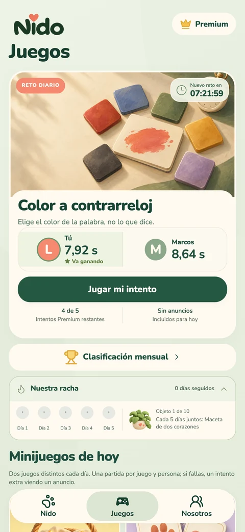 Pantalla real de Juegos con el reto diario y vuestros resultados