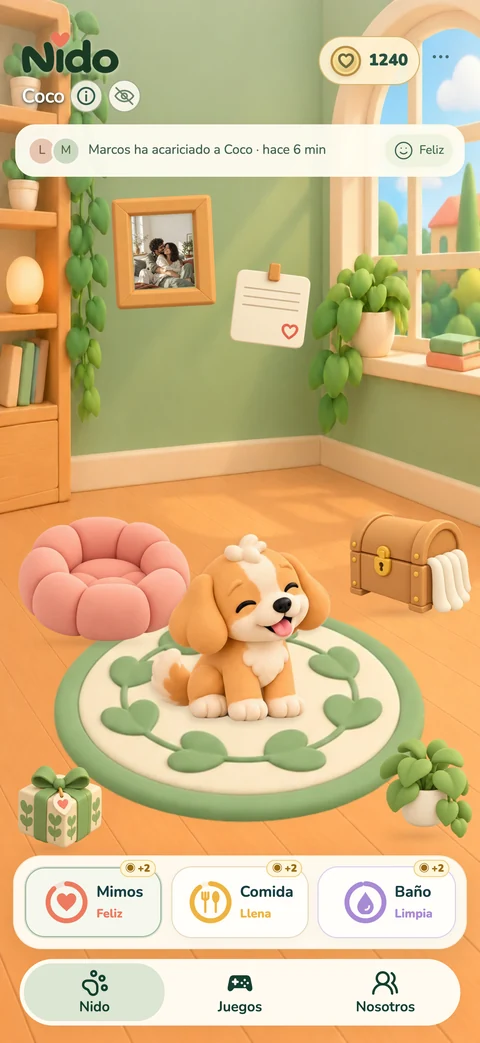 Pantalla real de Nido con la mascota y sus cuidados compartidos
